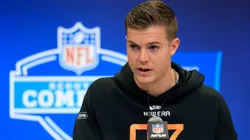 Will Howard #QB07 of Ohio State speaks to the media during the NFL Combine at Lucas Oil Stadium on February 28, 2025 in Indianapolis, Indiana.