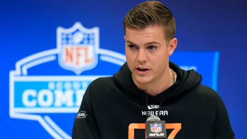 Will Howard #QB07 of Ohio State speaks to the media during the NFL Combine at Lucas Oil Stadium on February 28, 2025 in Indianapolis, Indiana.