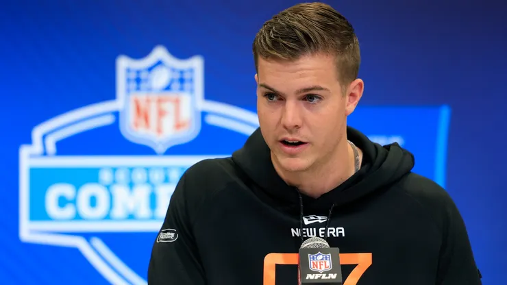Will Howard #QB07 of Ohio State speaks to the media during the NFL Combine at Lucas Oil Stadium on February 28, 2025 in Indianapolis, Indiana.