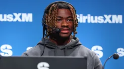 Jalen Milroe speaks on SiriusXM at Super Bowl LIX on February 05, 2025 in New Orleans, Louisiana.