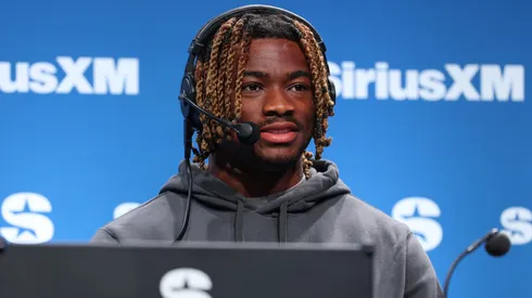 Jalen Milroe speaks on SiriusXM at Super Bowl LIX on February 05, 2025 in New Orleans, Louisiana.