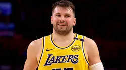 Luka Doncic #77 of the Los Angeles Lakers reacts after a basket during the second quarter against the Houston Rockets at Crypto.com Arena on April 11, 2025 in Los Angeles, California.