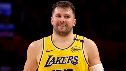 Luka Doncic #77 of the Los Angeles Lakers reacts after a basket during the second quarter against the Houston Rockets at Crypto.com Arena on April 11, 2025 in Los Angeles, California.