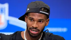 Shedeur Sanders speaks to the media during the 2025 NFL Scouting Combine at Lucas Oil Stadium on February 28, 2025 in Indianapolis, Indiana.