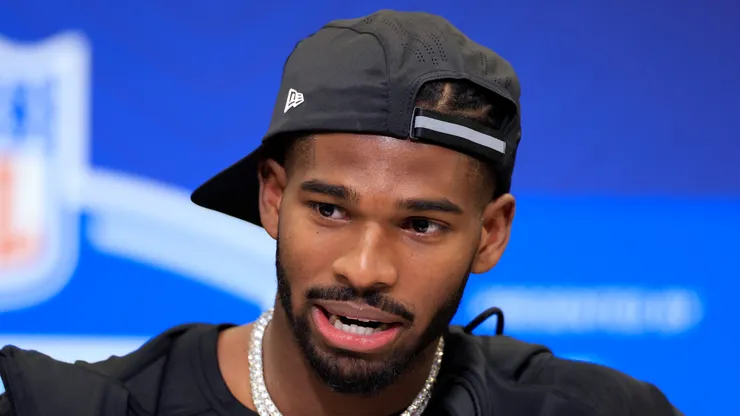 Shedeur Sanders speaks to the media during the 2025 NFL Scouting Combine at Lucas Oil Stadium on February 28, 2025 in Indianapolis, Indiana.