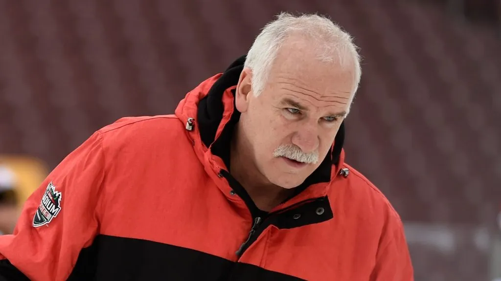 Joel Quenneville of the Chicago Blackhawks looks on during practice day at the 2016 Coors Light Stadium Series on February 20, 2016 at TCF Bank Stadium in Minneapolis, Minnesota.