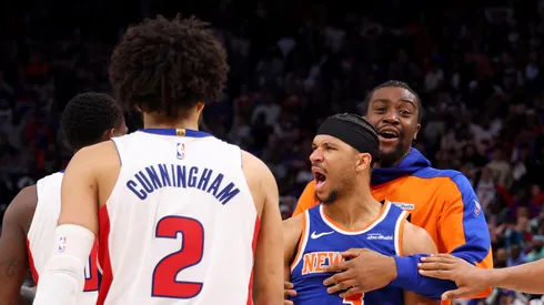 Josh Hart #3 of the New York Knicks reacts after defeating the Detroit Pistons in Game Four of the Eastern Conference First Round NBA Playoff