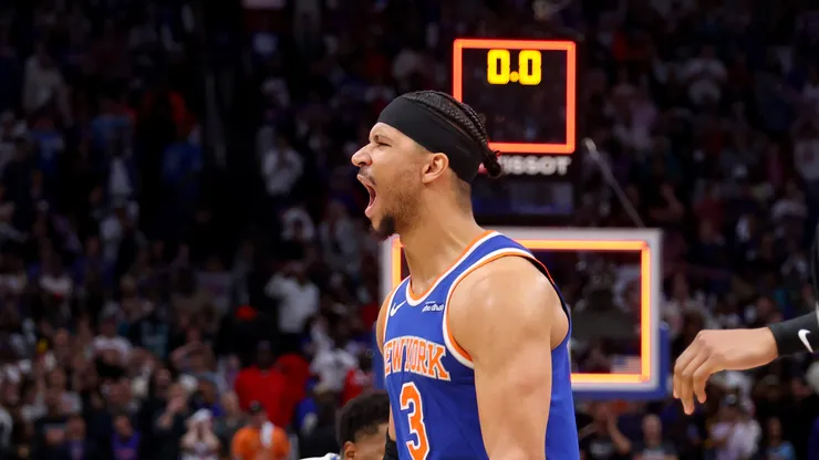 Josh Hart #3 of the New York Knicks reacts after defeating the Detroit Pistons in Game Four of the Eastern Conference First Round NBA Playoffs