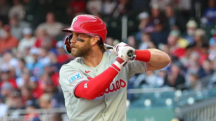 Bryce Harper #3 of the Philadelphia Phillies bats in the first inning against the Atlanta Braves at Truist Park on April 09, 2025 in Atlanta, Georgia.