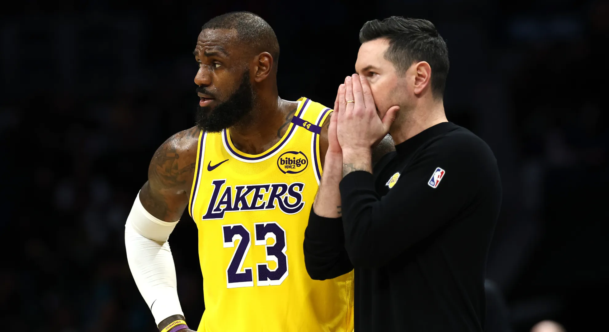 Head coach JJ Redick and LeBron James #23 of the Los Angeles Lakers.