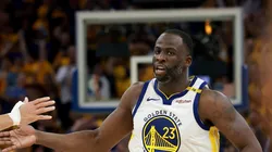 Stephen Curry #30 and Draymond Green #23 of the Golden State Warriors celebrate during the fourth quarter against the Houston Rockets