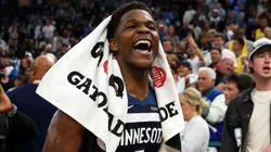 Anthony Edwards #5 of the Minnesota Timberwolves celebrates the win against the Los Angeles Lakers as he walks off the court after Game Four of the First Round of the 2025 NBA Playoffs at Target Center on April 27, 2025 in Minneapolis, Minnesota. The Timberwolves defeated the Lakers 116-113 to take a 3-1 series lead.