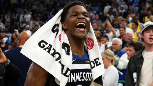 Anthony Edwards #5 of the Minnesota Timberwolves celebrates the win against the Los Angeles Lakers as he walks off the court after Game Four of the First Round of the 2025 NBA Playoffs at Target Center on April 27, 2025 in Minneapolis, Minnesota. The Timberwolves defeated the Lakers 116-113 to take a 3-1 series lead.