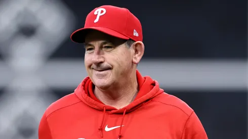 Philadelphia Phillies manager Rob Thomson looks on during batting practice before Game Two of the Championship Series against the Arizona Diamondbacks at Citizens Bank Park on October 17, 2023 in Philadelphia, Pennsylvania.