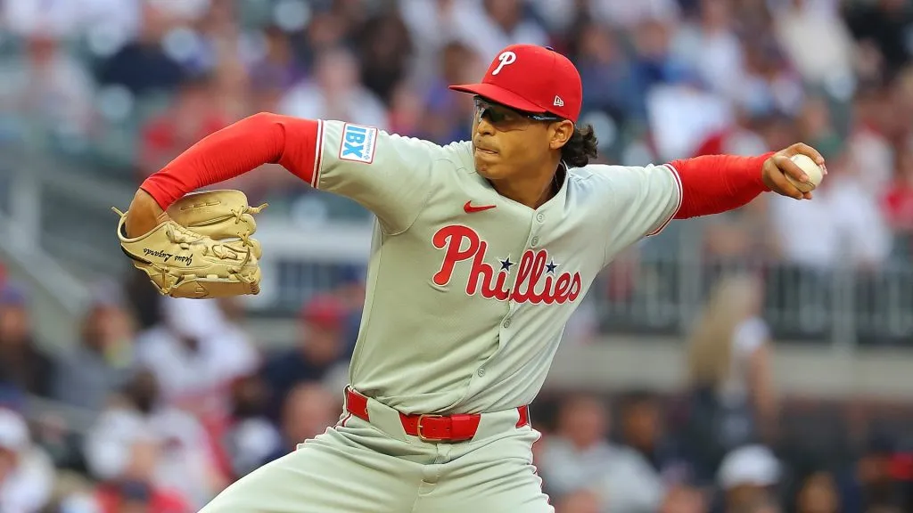 Jesus Luzardo #44 of the Philadelphia Phillies pitches in the first inning against the Atlanta Braves
