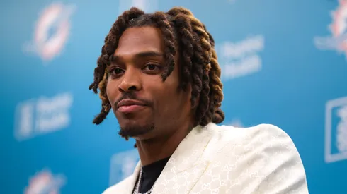 Jalen Ramsey of the Miami Dolphins speaks to the media during a press conference where he was introduced at Baptist Health Training Complex on March 16, 2023 in Miami Gardens, Florida.