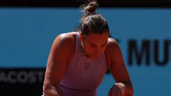 Aryna Sabalenka reacts against Elise Mertens of Belgium in the Women's Singles Third Round match during Day Six of the Mutua Madrid Open at La Caja Magica on April 27, 2025 in Madrid, Spain.