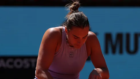 Aryna Sabalenka reacts against Elise Mertens of Belgium in the Women's Singles Third Round match during Day Six of the Mutua Madrid Open at La Caja Magica on April 27, 2025 in Madrid, Spain.
