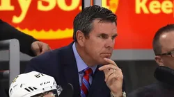 Head coach Mike Sullivan of the Pittsburgh Penguins watches the third period against the Chicago Blackhawks during the season opening game at the United Center on October 5, 2017 in Chicago, Illinois.