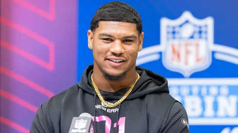 Elijah Arroyo of Miami speaks to the media during the 2025 NFL Scouting Combine at Lucas Oil Stadium on February 27, 2025.
