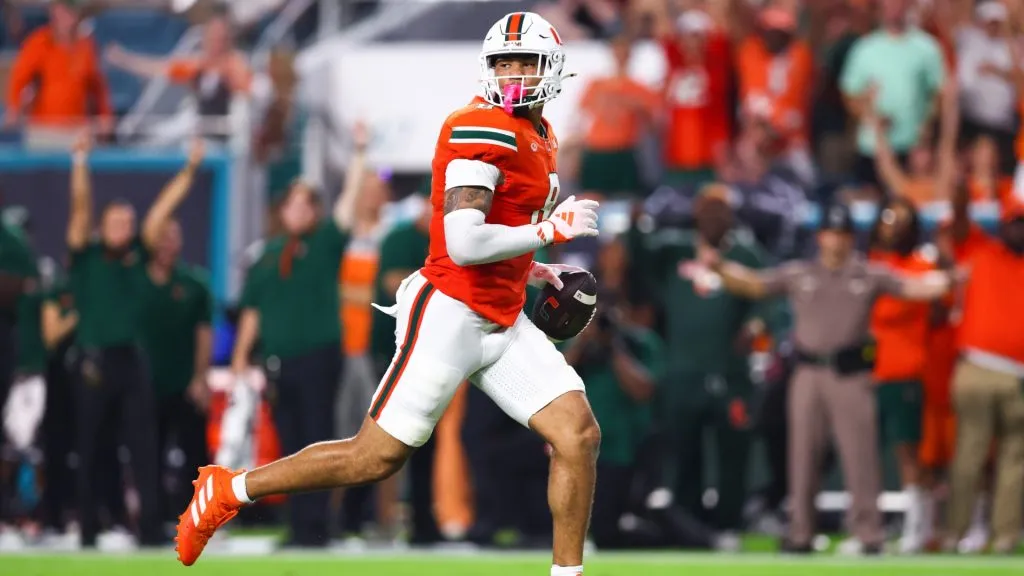 Elijah Arroyo #8 of the Miami Hurricanes catches the ball for a touchdown against the Virginia Tech Hokies during the first quarter of the game at Hard Rock Stadium on September 27, 2024. (Source: Megan Briggs/Getty Images)