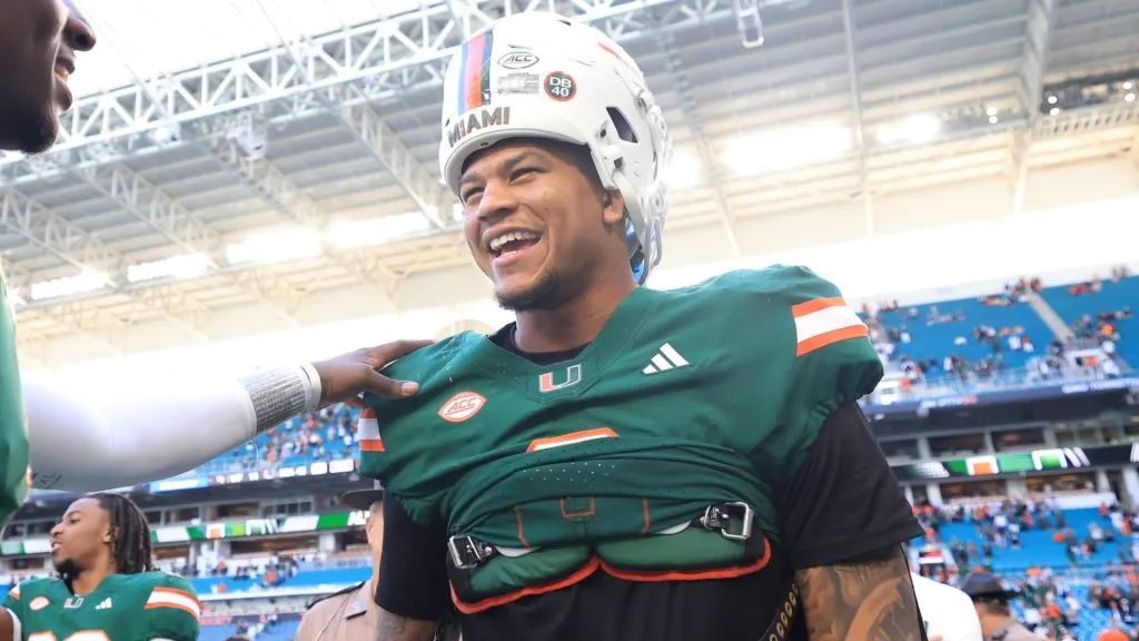 Elijah Arroyo #8 of the Miami Hurricanes at Hard Rock Stadium on November 23, 2024. (Source: Carmen Mandato/Getty Images)