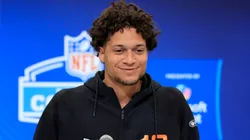 Jayden Higgins #WO18 of Iowa State speaks to the media during the 2025 NFL Scouting Combine at Lucas Oil Stadium on February 28, 2025.