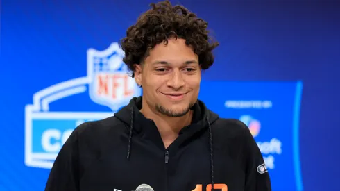 Jayden Higgins #WO18 of Iowa State speaks to the media during the 2025 NFL Scouting Combine at Lucas Oil Stadium on February 28, 2025.