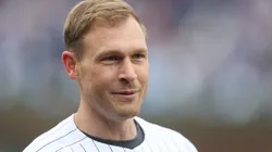 Head coach Ben Johnson of the Chicago Bears prepares to throw out the first pitch at Wrigley Field on April 19, 2025 in Chicago, Illinois.