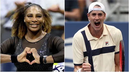 Serena Williams celebrates after defeating Danka Kovinic at the 2022 US Open – John Isner celebrates match point during the 2023 US Open.