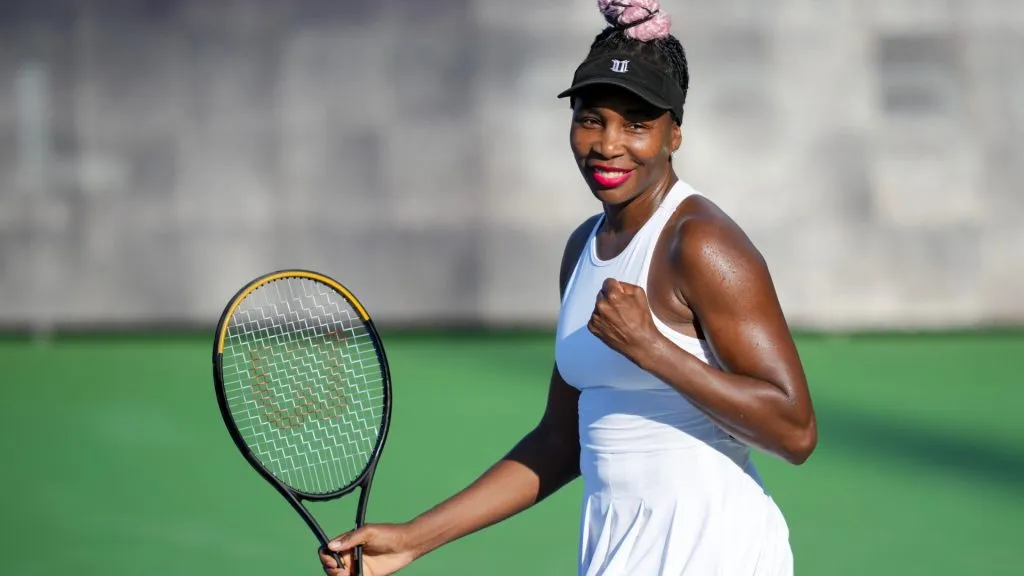 Venus Williams of the United States celebrates winning the match point against Veronika Kudermetova of Russia during their second-round match at the Western & Southern Open in 2023. (Source: Aaron Doster/Getty Images)