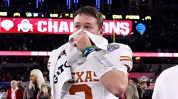 Quinn Ewers #3 of the Texas Longhorns walks off the field after losing to the Ohio State Buckeyes 28-14 in the Goodyear Cotton Bowl at AT&T Stadium on January 10, 2025 in Arlington, Texas.