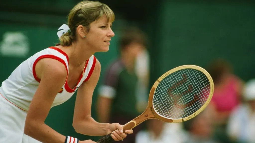 Chris Evert-Lloyd competing at The Championships, Wimbledon, London, June-July 1982. (Source: Tony Duffy/Getty Images)