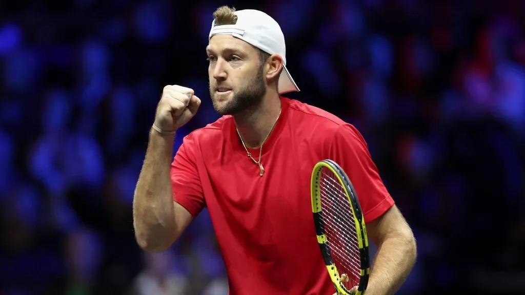 Jack Sock celebrates a point during the match of Day Three of the Laver Cup. (Source: Julian Finney/Getty Images for Laver Cup)