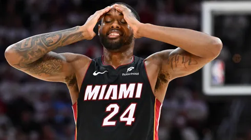 Haywood Highsmith #24 of the Miami Heat reacts during the fourth quarter of game two of the first round of the Eastern Conference Playoffs against the Cleveland Cavaliers at Rocket Arena on April 23, 2025 in Cleveland, Ohio. The Cavaliers defeated the Heat 121-112.