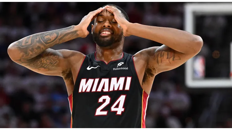 Haywood Highsmith #24 of the Miami Heat reacts during the fourth quarter of game two of the first round of the Eastern Conference Playoffs against the Cleveland Cavaliers at Rocket Arena on April 23, 2025 in Cleveland, Ohio. The Cavaliers defeated the Heat 121-112.