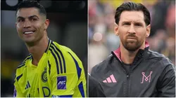 Cristiano Ronaldo of Al Nassr celebrating at Prince Abdullah Al Faisal Stadium in 2025 - Lionel Messi #10 of Inter Miami CF looks during player introductions before a game in 2025.