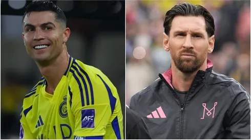 Cristiano Ronaldo of Al Nassr celebrating at Prince Abdullah Al Faisal Stadium in 2025 – Lionel Messi #10 of Inter Miami CF looks during player introductions before a game in 2025.