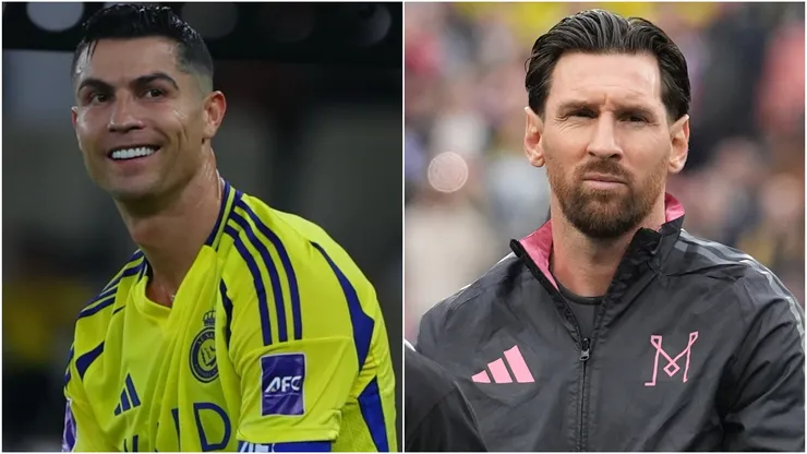 Cristiano Ronaldo of Al Nassr celebrating at Prince Abdullah Al Faisal Stadium in 2025 - Lionel Messi #10 of Inter Miami CF looks during player introductions before a game in 2025.