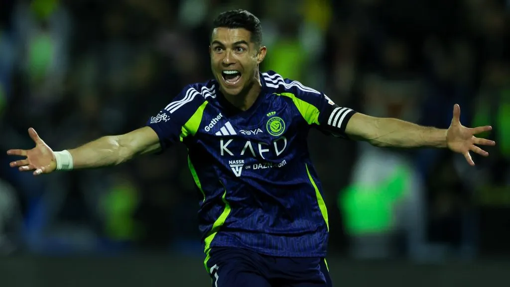 Cristiano Ronaldo of Al Nassr celebrates after scoring the 3rd goal during the Saudi Pro League match between Al Khaleej and Al Nassr on January 21, 2025. (Source: Yasser Bakhsh/Getty Images)
