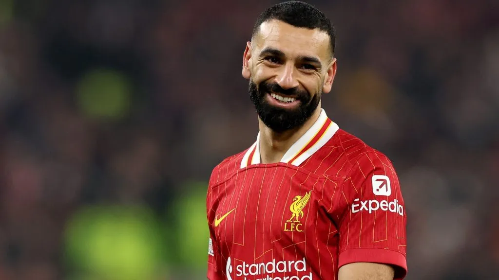 Mohamed Salah of Liverpool reacts during the UEFA Champions League 2024/25 League Phase MD7 match between Liverpool FC and LOSC Lille at Anfield on January 21, 2025. (Source: Carl Recine/Getty Images)