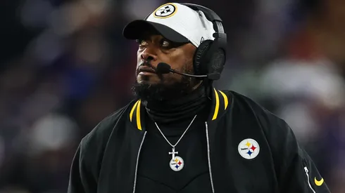Head coach Mike Tomlin of the Pittsburgh Steelers looks on during the first half of the AFC Wild Card Playoff game against the Baltimore Ravens at M&T Bank Stadium on January 11, 2025 in Baltimore, Maryland.