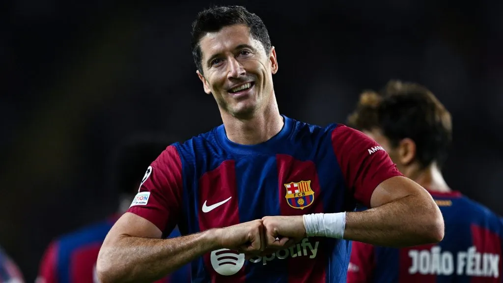 Robert Lewandowski celebrates after scoring their team’s second goal during the UEFA Champions League match between FC Barcelona and Royal Antwerp FC in 2023. (Source: David Ramos/Getty Images)