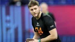 Quinn Ewers #QB04 of Texas participates in a drill during the NFL Scouting Combine at Lucas Oil Stadium on March 01, 2025 in Indianapolis, Indiana.