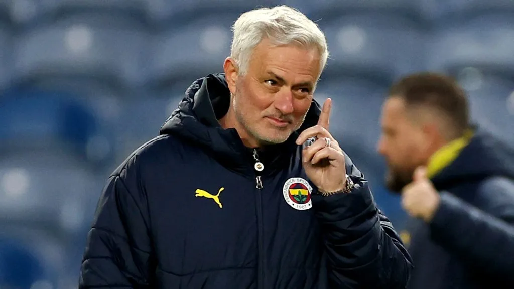 Jose Mourinho, Head Coach of Fenerbahce, gestures during the UEFA Europa League 2024/25 Round of 16 training session at Ibrox Stadium on March 12, 2025. (Source: Ian MacNicol/Getty Images)