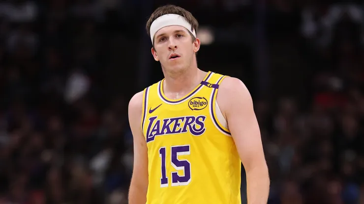 Austin Reaves #15 of the Los Angeles Lakers looks on against the Chicago Bulls during the first half at the United Center on March 27, 2025.