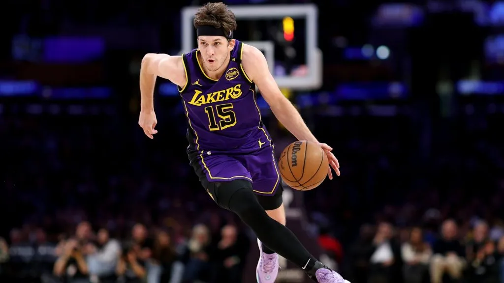 Austin Reaves #15 of the Los Angeles Lakers in action against the New Orleans Pelicans at Crypto.com Arena on April 04, 2025. (Source: Luke Hales/Getty Images)
