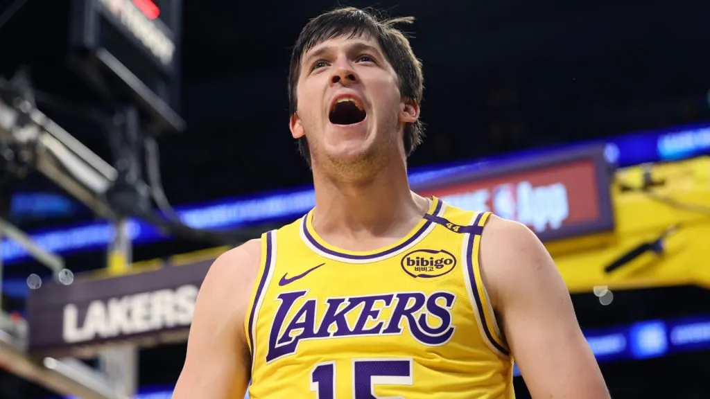Austin Reaves #15 of the Los Angeles Lakers reacts during the second quarter against the Minnesota Timberwolves at Crypto.com Arena on October 22, 2024. (Source: Harry How/Getty Images)