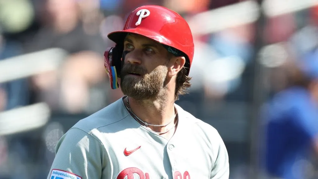 Bryce Harper #3 of the Philadelphia Phillies looks on against the at Citi Field