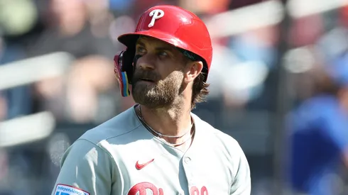 Bryce Harper #3 of the Philadelphia Phillies looks on against the at Citi Field on April 23, 2025 in New York City.